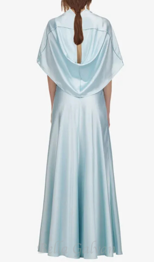 Glossy Silk Twill Satin Cape Maxi Dress in pale blue