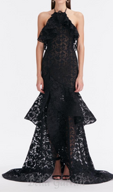 LYNN GARDENIA GUIPURE LACE RUFFLE GOWN IN BLACK