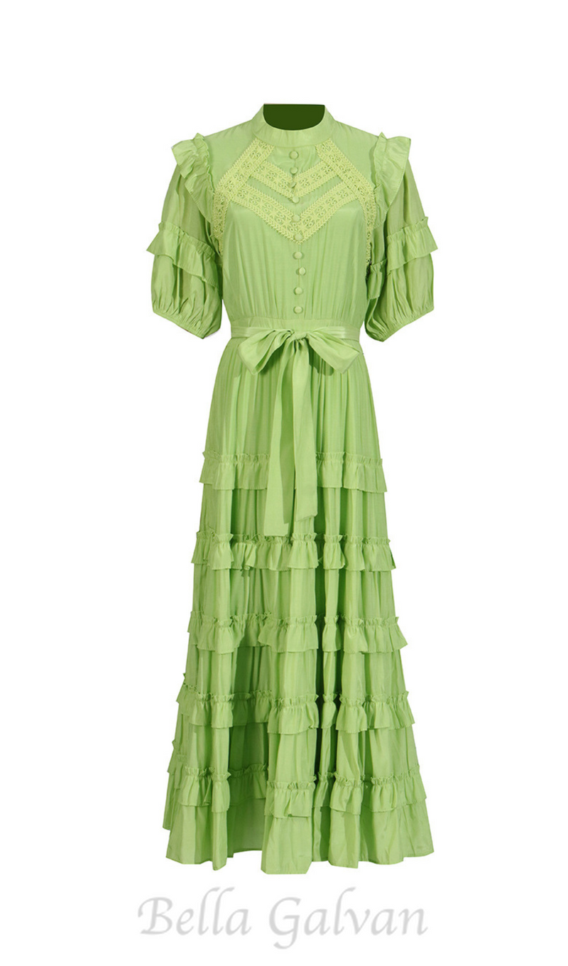 Lace ruffle trim layer midi dress in green