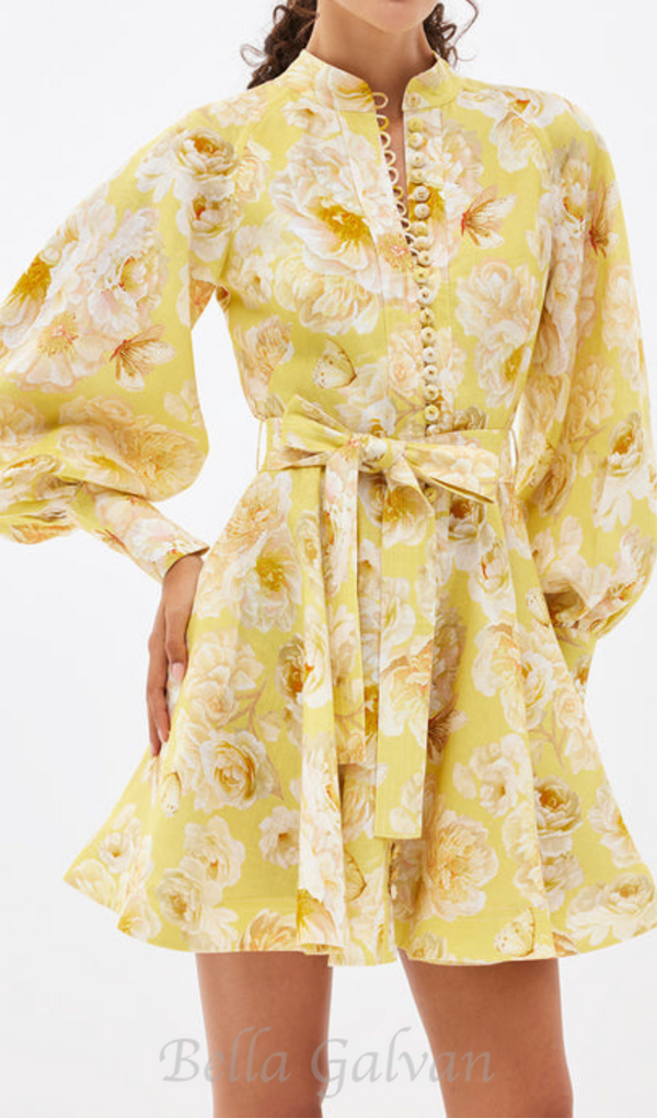 MONICA LANTERN SLEEVE FLORAL PRINT YELLOW MINI DRESS