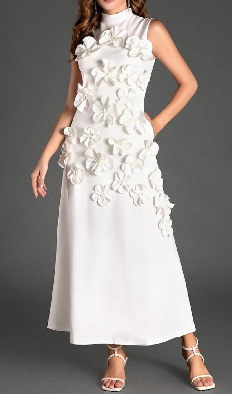 ANNONA WHITE FLOWER EMBELLISHED MAXI DRESS