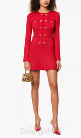 BETTY PATCH-POCKET ROUND-NECK KNITTED MINI DRESS IN RED