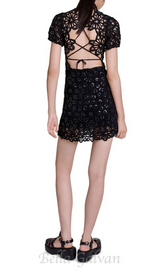 TRISTA BLACK HIGH COLLAR CUTOUT LACE MINI DRESS