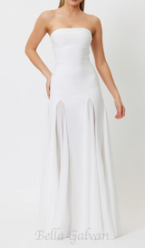 pleated trim strapless maxi dress in white