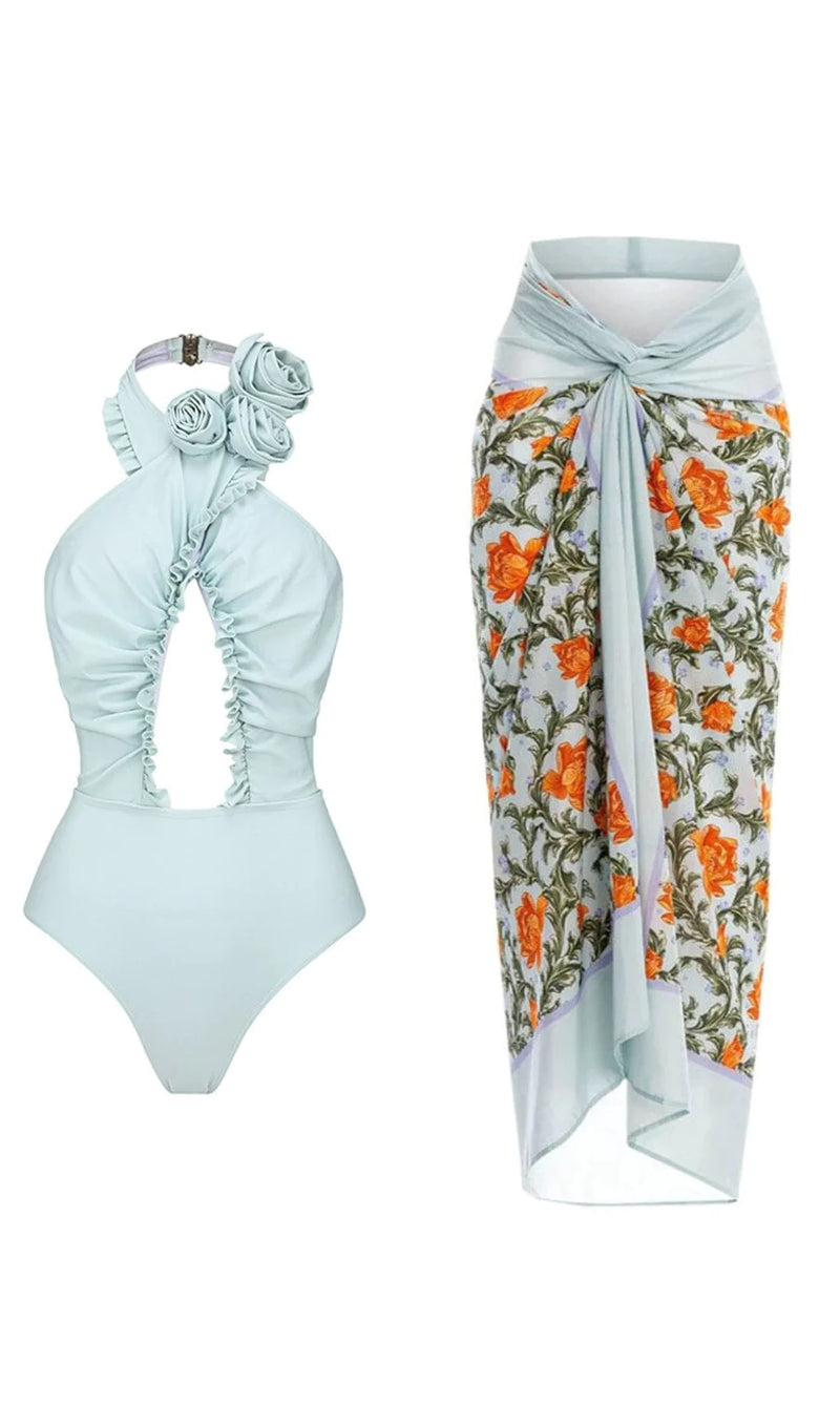 COSTUME DA BAGNO INTERO CON FIORE 3D BLU HALTER E SARONG