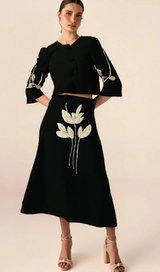 Pauline black floral-appliqué jacket & skirt matching set