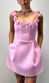 3D FLOWER NECK MINI DRESS IN PINK