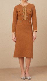 braided-edge tweed midi dress in brown