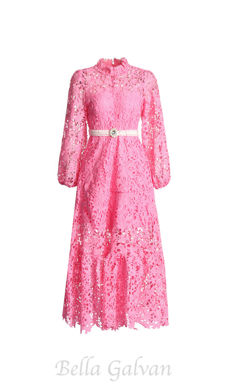 TARA PINK LACE EMBROIDERED LONG SLEEVE MIDI DRESS