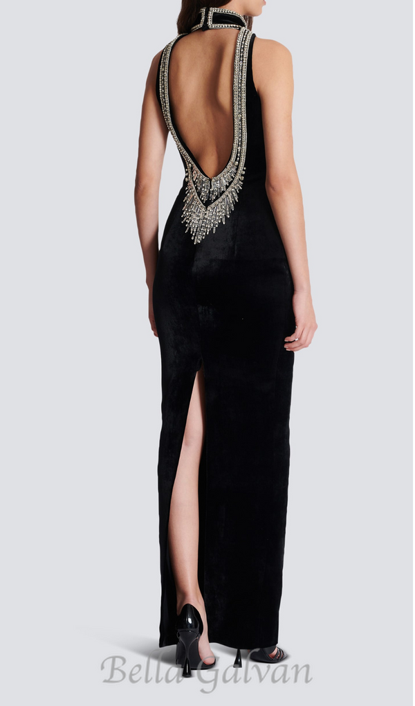 embroidered velvet halterneck maxi dress in black