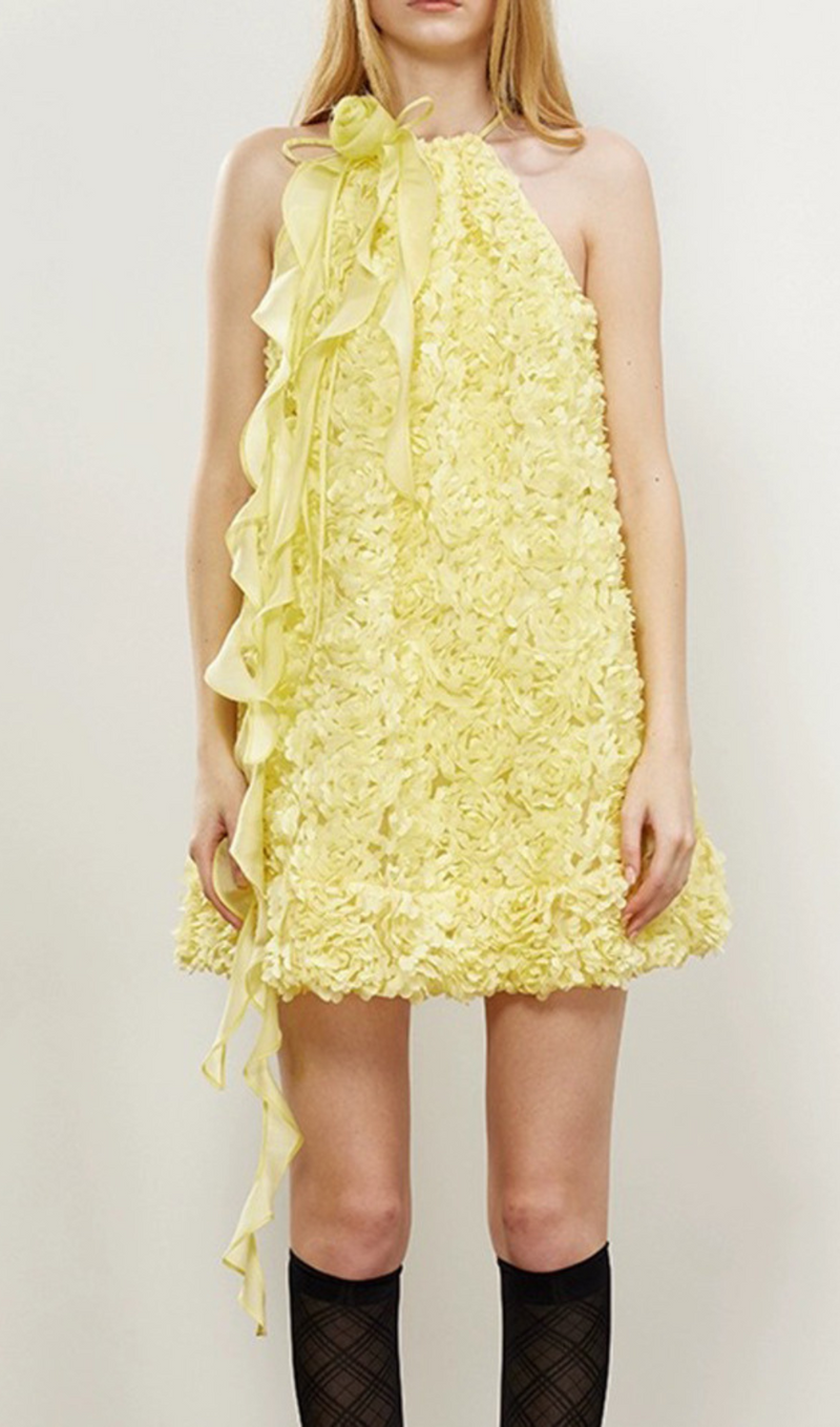 Ribbon halter mini dress in yellow