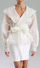 lantern sleeve embroidery shirt jacket in white