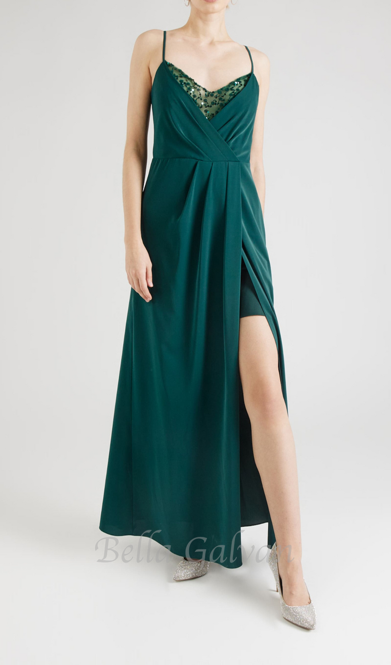 crystal embellished pleated maxi dress in green