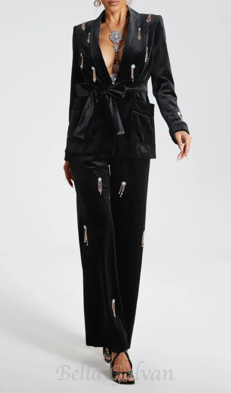 Velvet Diamond embellished blazer 2 Piece in black