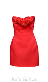 RED 3D FLOWER STRAPLESS CUTOUT MINI DRESS