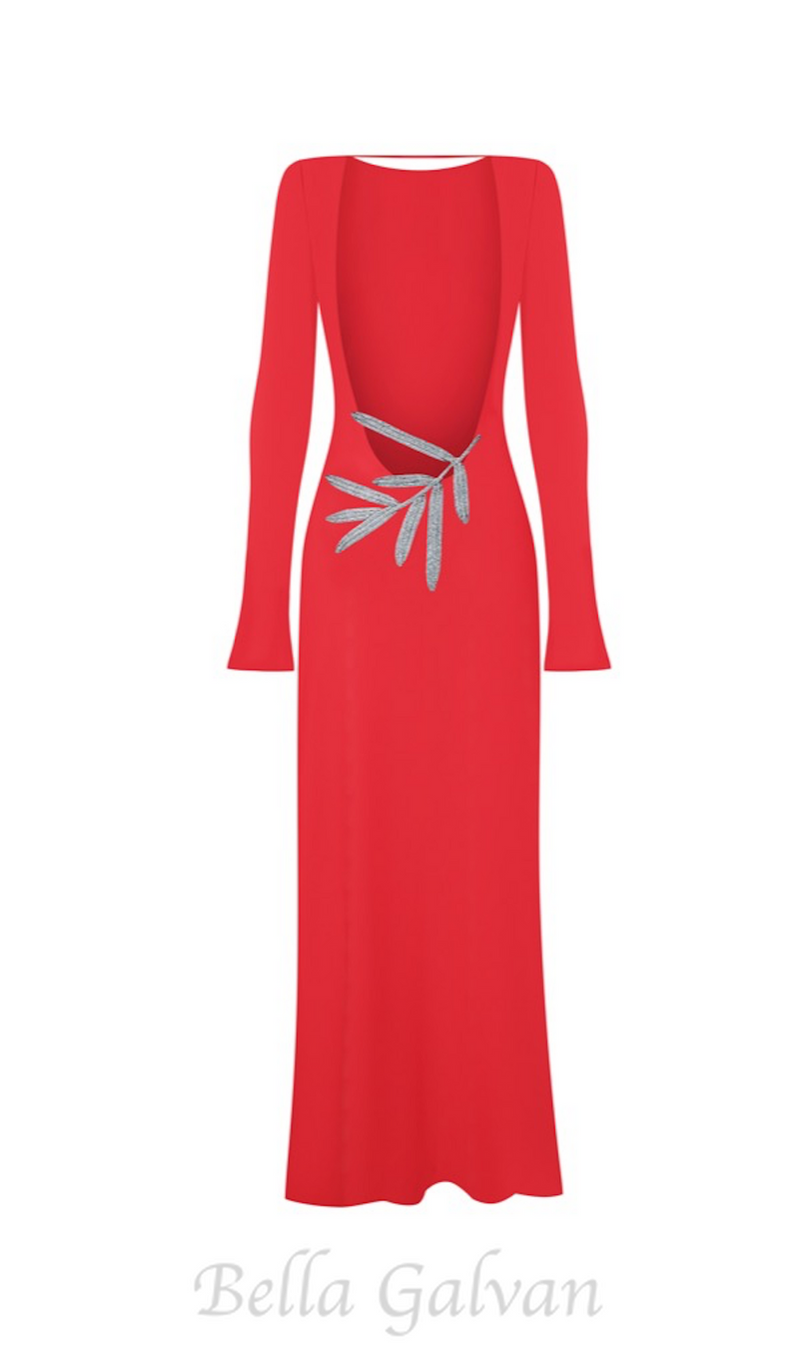 Candice long sleeve backless maxi Dress in red