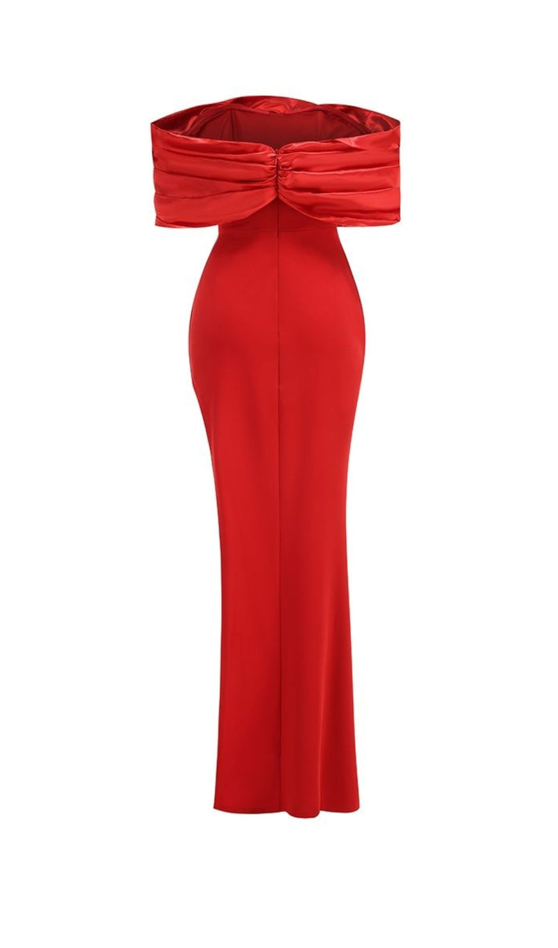 Sophia Off Shoulder Ruched Maxi Slit Dress in red