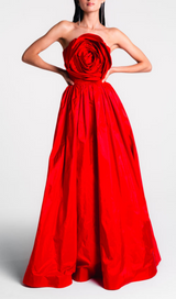 OFF-SHOULDER 3D FLOWER CHIFFON MAXI DRESS IN RED