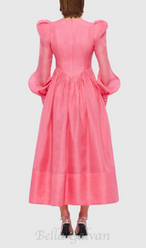 DELIA PINK LANTERN SLEEVE ROUND NECK MIDI DRESS