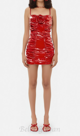 Shiny Pleated 3D Flower mini Dress in red