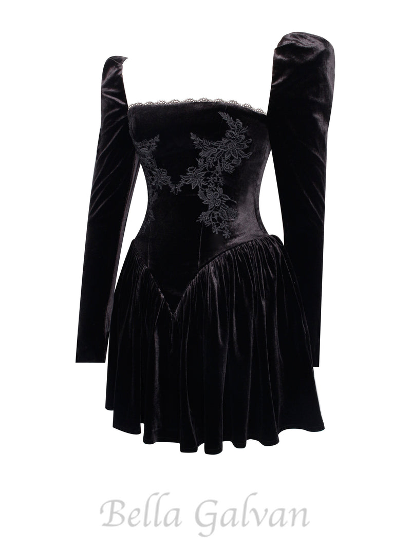 Yolanda Black Velvet Long Sleeve Mini Dress with Lace Trim