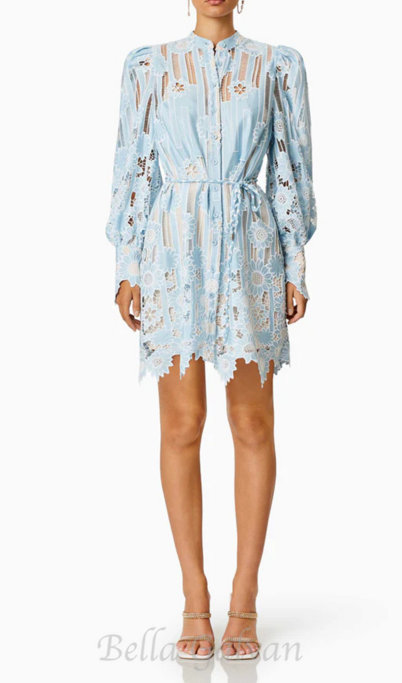 Jetsetter hollow long sleeve Mini Dress In Blue