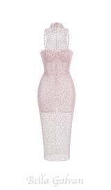 ADORA PINK BRAIDED LEATHER CRYSTAL EMBELLISHMENT MIDI DRESS