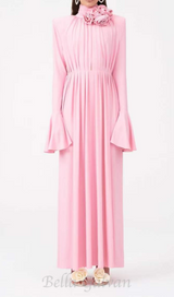 ERIN LANTERN SLEEVE HIGH COLLAR FLOWER SLIT MIDI DRESS IN PINK