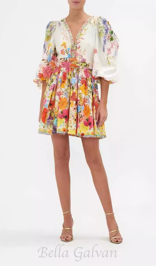 PUFF SLEEVE PRINT SILK MINI DRESS