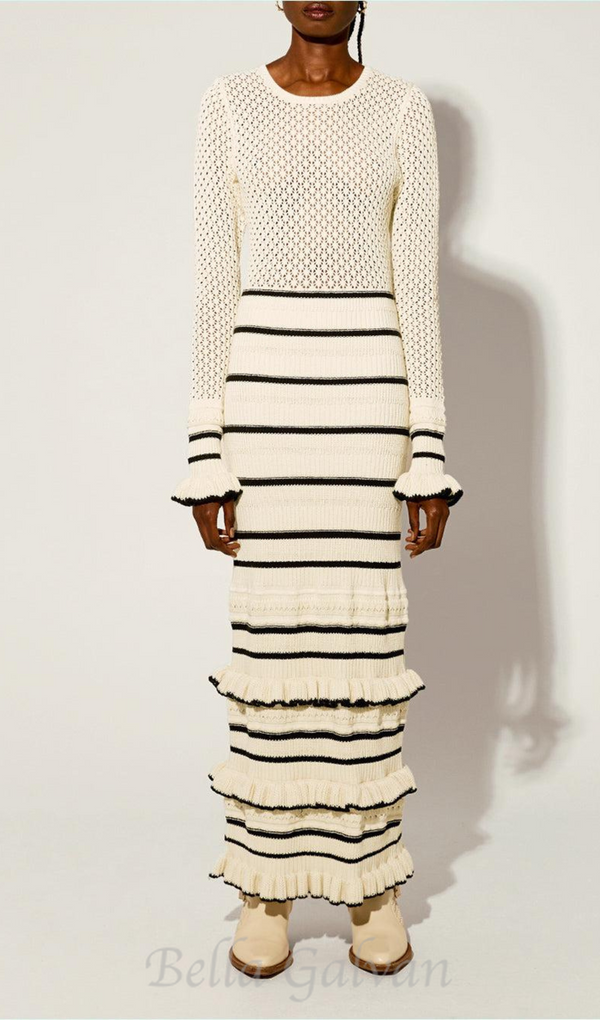 BRIDGET KNIT STRIPE FRILL MIDI DRESS IN WHITE