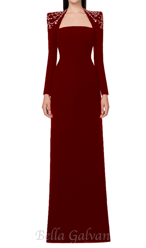 long sleeve trapezoid neckline bodycon  maxi dress in red