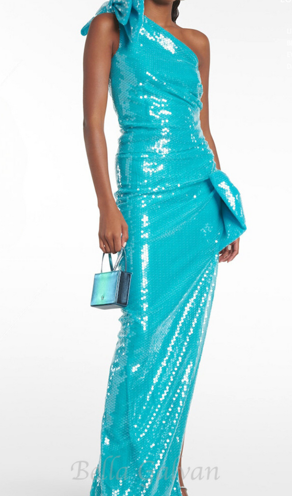 One Shoulder Bow Sequin Maxi Dress in blue