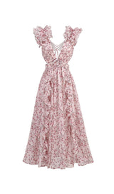 RUFFLED FLORAL CUTOUT MAXI DRESS