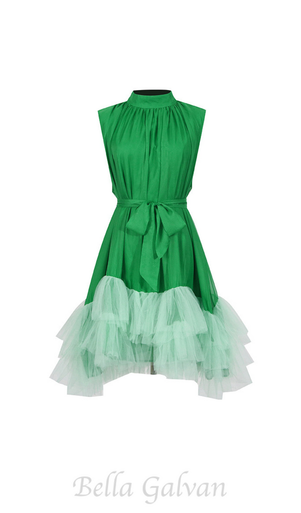 half-high-neckline tulle mini dress in green