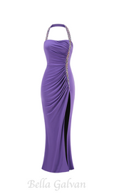 multicolor-pearl embellished purple halter maxi dress