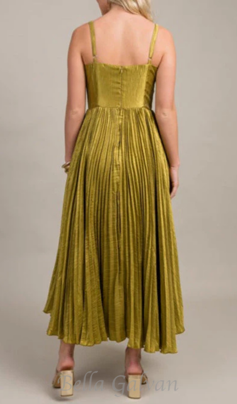 Chartreuse Satin Pleated Midi Dress