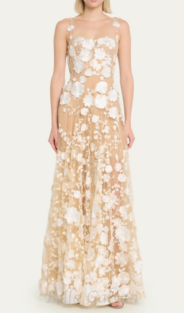 APPHIA FLORAL EMBROIDERED SLEEVELESS TULLE MAXI DRESS