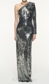 Floral-appliqué sequin gown in silver