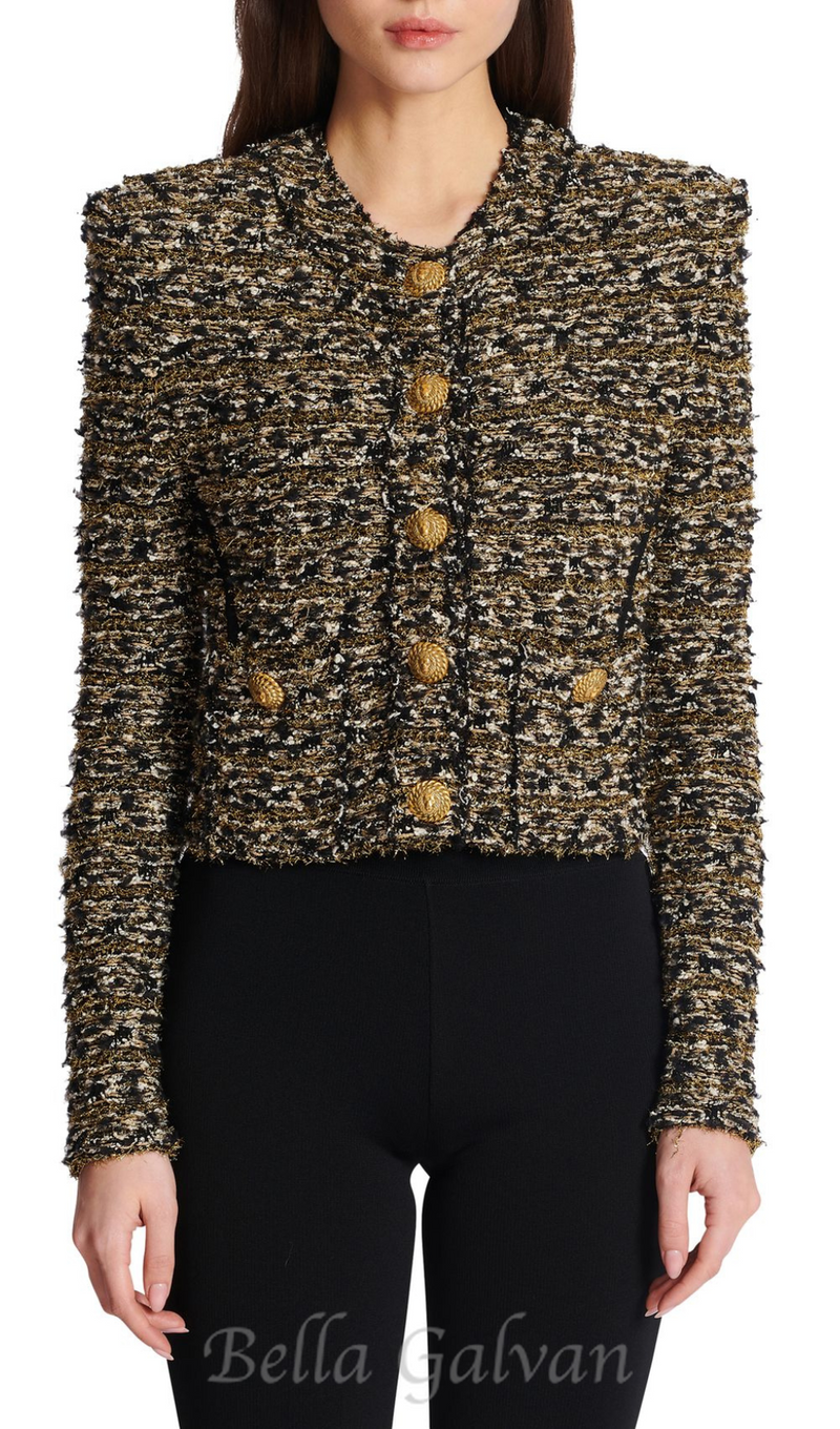 Cropped lurex tweed jacket in gold