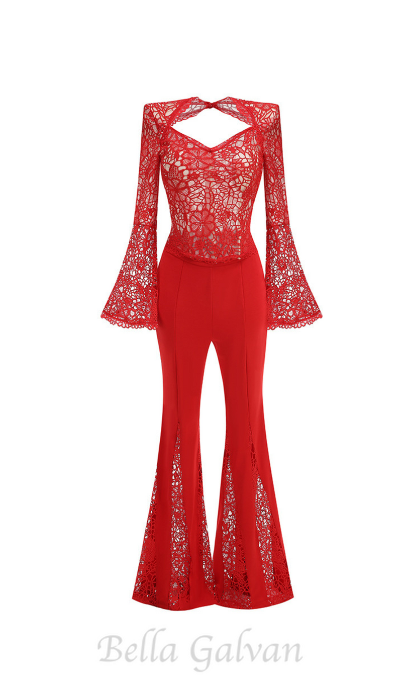 lace-embellished trumpet sleeve jumpsuits in red