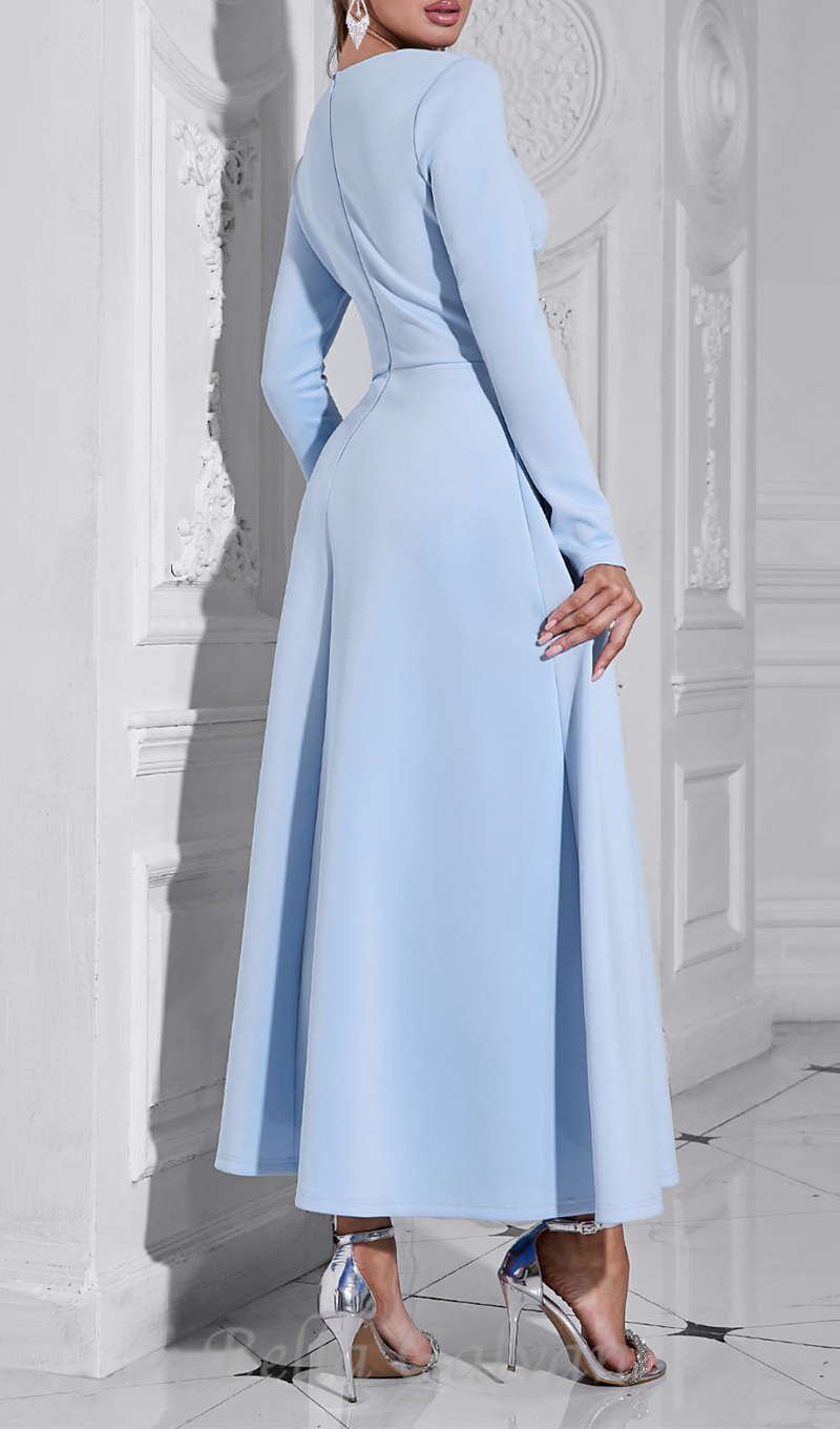 long sleeve satin a-line maxi dress in blue