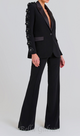 LEONIE FLOWER EMBELLISHED BLACK BLAZER