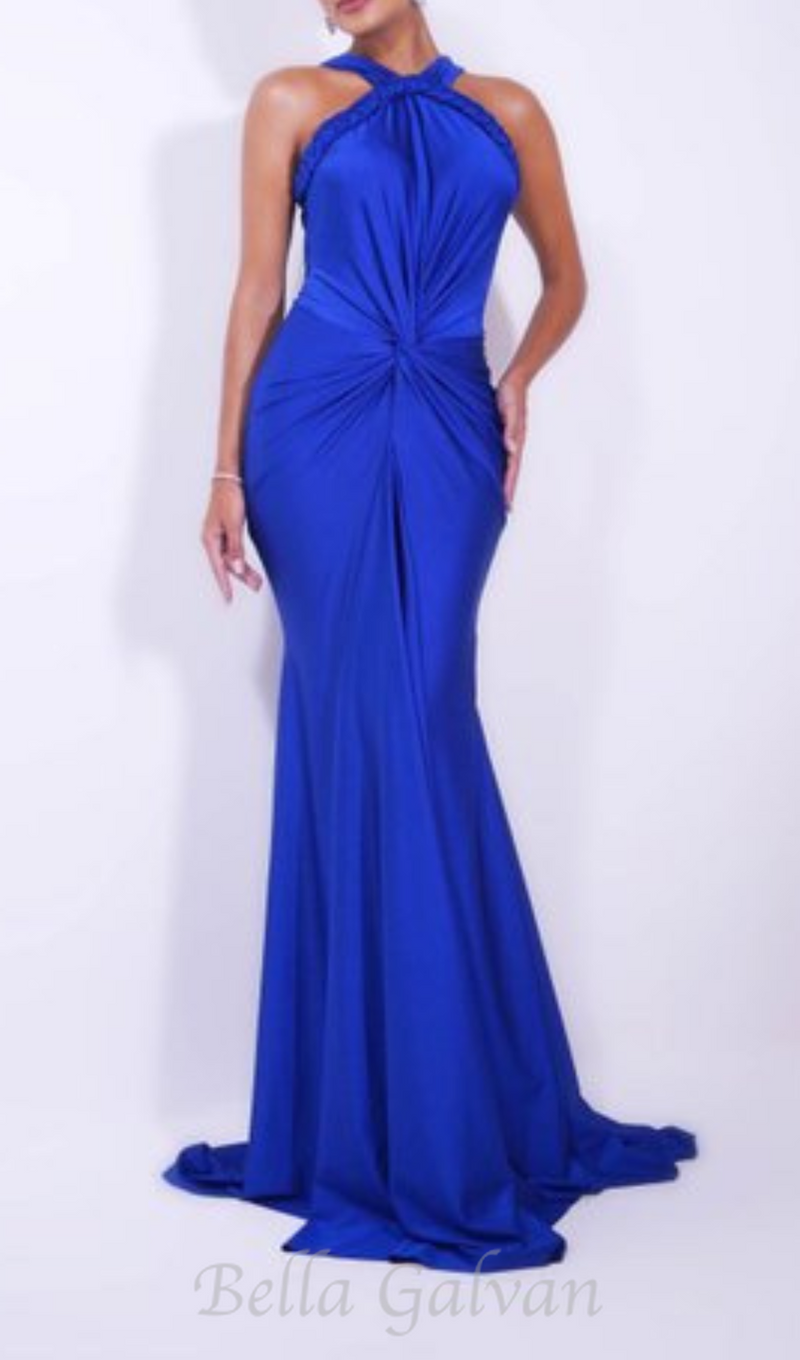 BEVERLY BRAID EMBELLISHED RUCHED HALTER GOWN IN BLUE