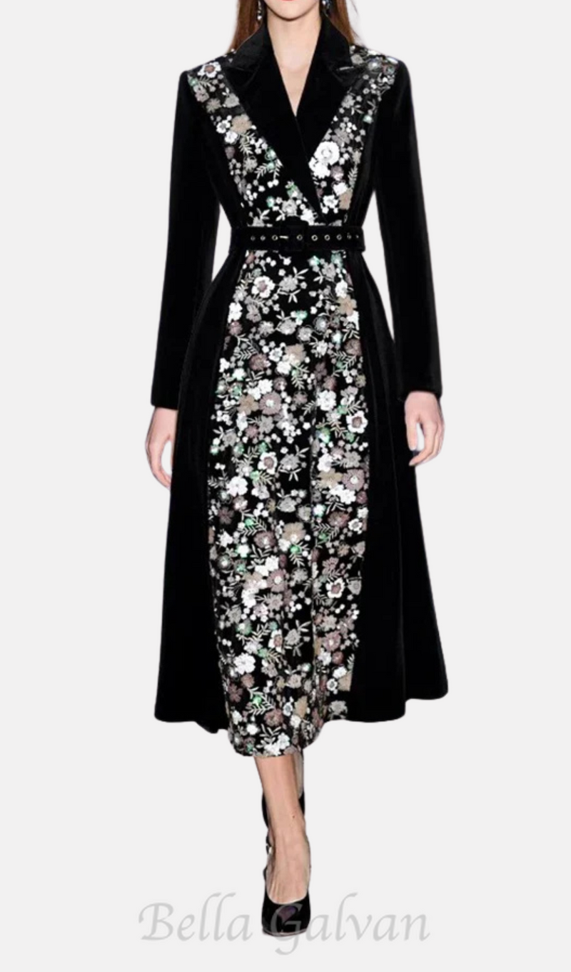 Sequin Embroidered Velvet midi Dress in black