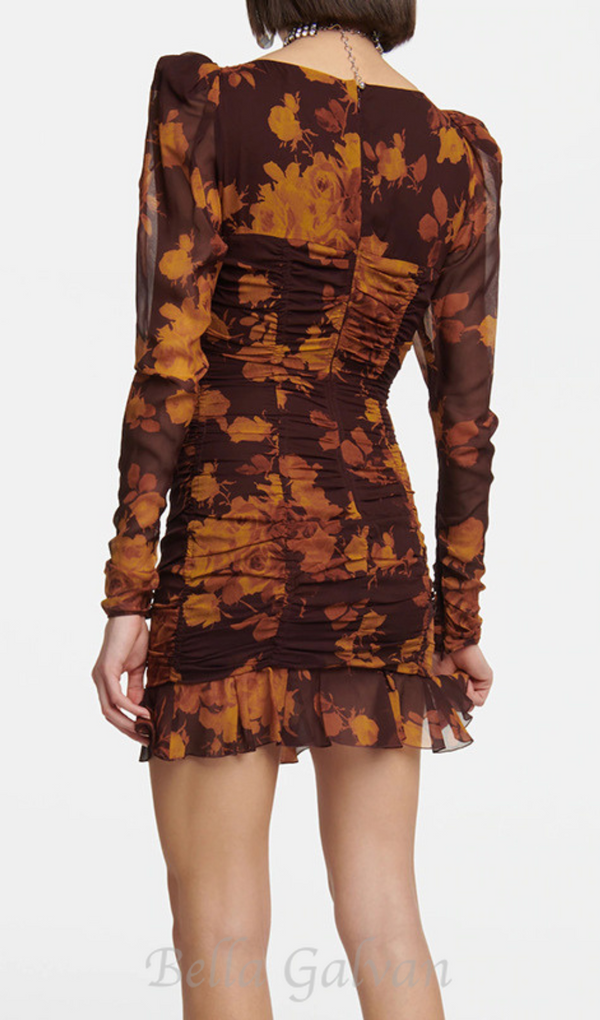 floral print hollow tulle mini dress in brown