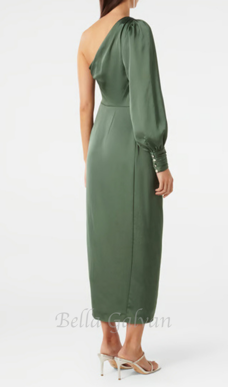 one-shoulder Long Sleeve Midi Dress in green