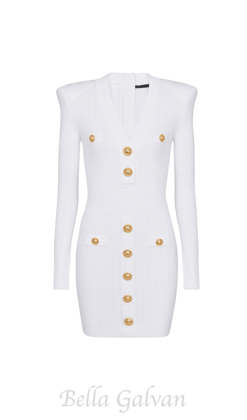 TARA WHITE SHORT KNITTED MINI DRESS WITH GOLD BUTTONS