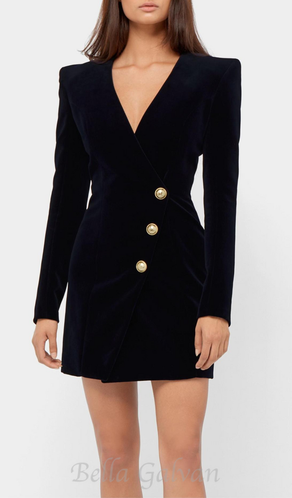 HEDDA BLACK VELVET V-NECK METAL BUTTON MINI DRESS