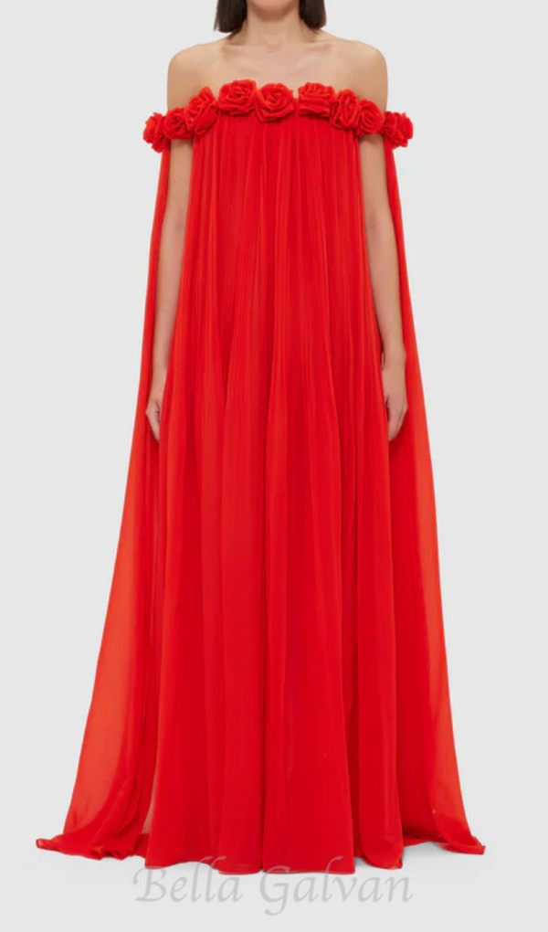 draped floor length dress in scarlet