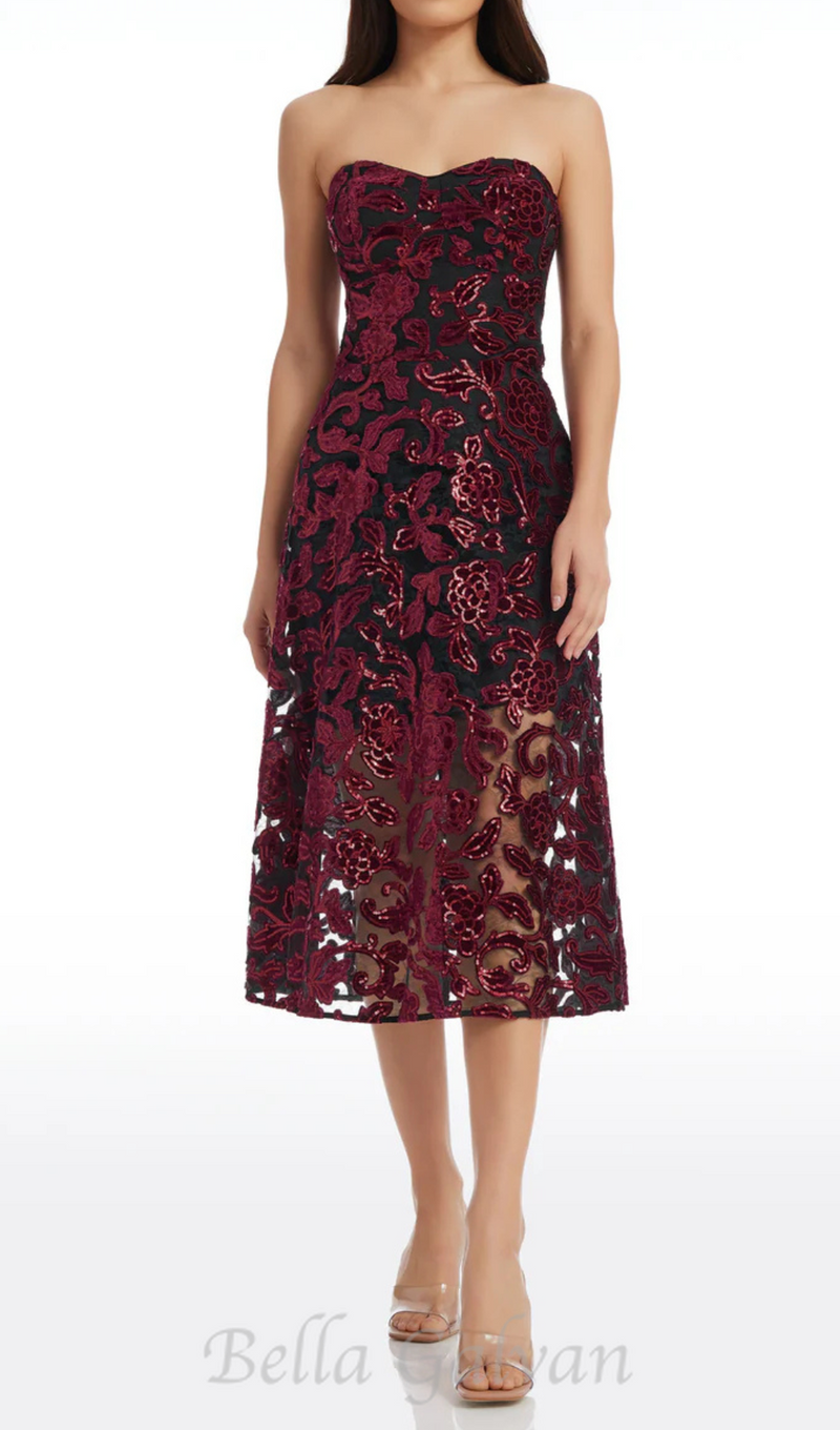 floral print strapless bustier midi dress in burgundy